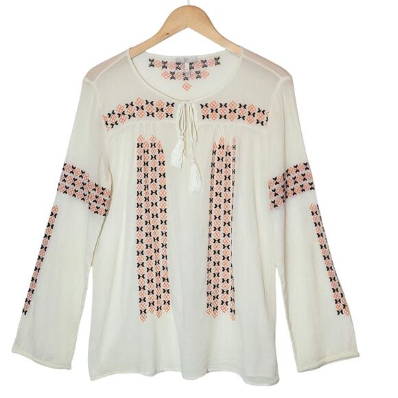 Joie Embroidered Boho Peasant Top Long Sleeve Lightweight Ivory Cream Cotton M - Picture 2 of 16